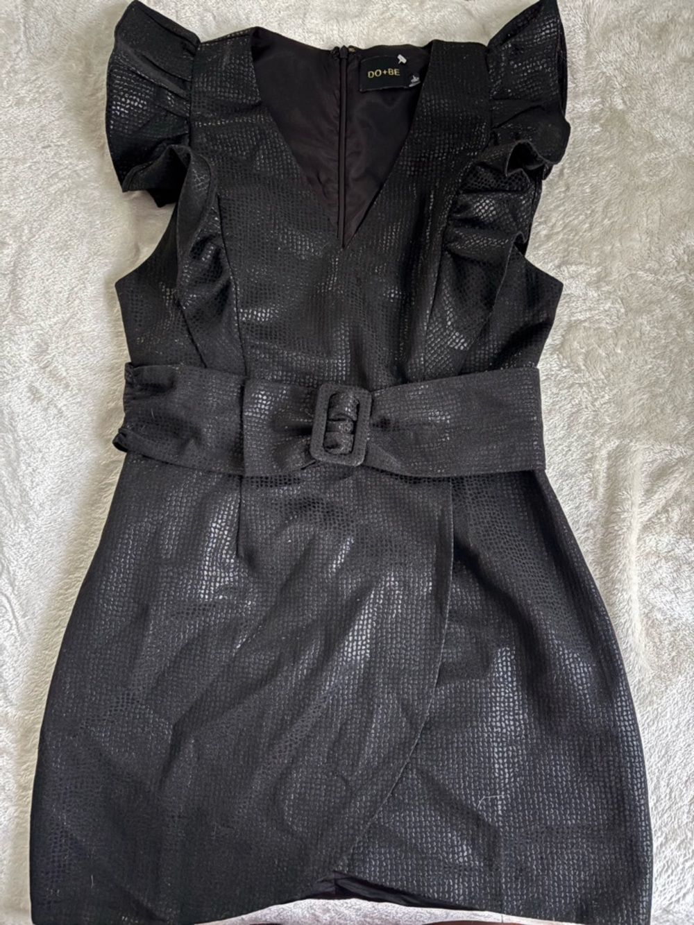 DO+BE Black Textured Mini Dress with Belted Waist & Ruffle Sleeves